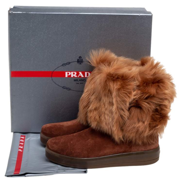 Pre Owned Prada Sport Brown Suede and Fur Zip Mid Calf Boots Size 39.5 