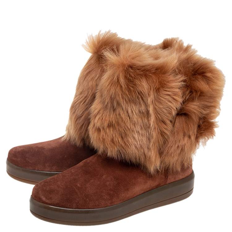 Pre Owned Prada Sport Brown Suede and Fur Zip Mid Calf Boots Size 39.5 