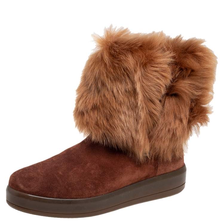 Pre Owned Prada Sport Brown Suede and Fur Zip Mid Calf Boots Size 39.5 