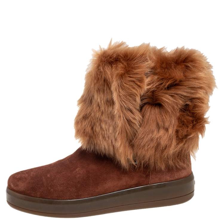Pre Owned Prada Sport Brown Suede and Fur Zip Mid Calf Boots Size 39.5 