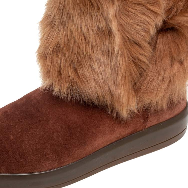 Pre Owned Prada Sport Brown Suede and Fur Zip Mid Calf Boots Size 39.5 