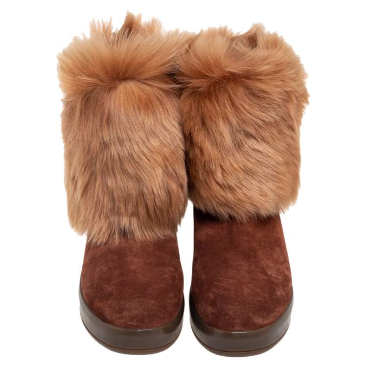 Pre Owned Prada Sport Brown Suede and Fur Zip Mid Calf Boots Size 39.5 