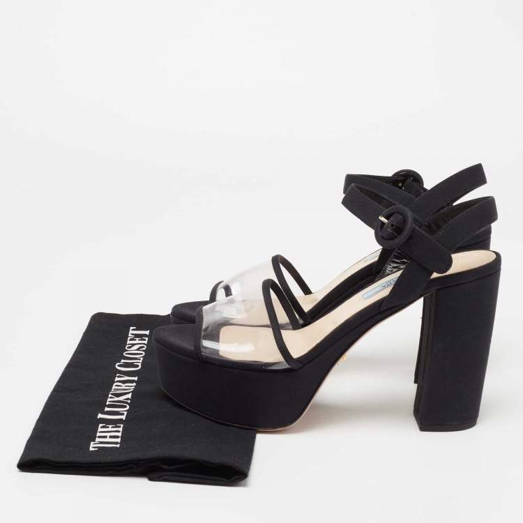 Pre Owned Prada Black  PVC  And Canvas Open Toe Platform Ankle Strap Sandals Size 37