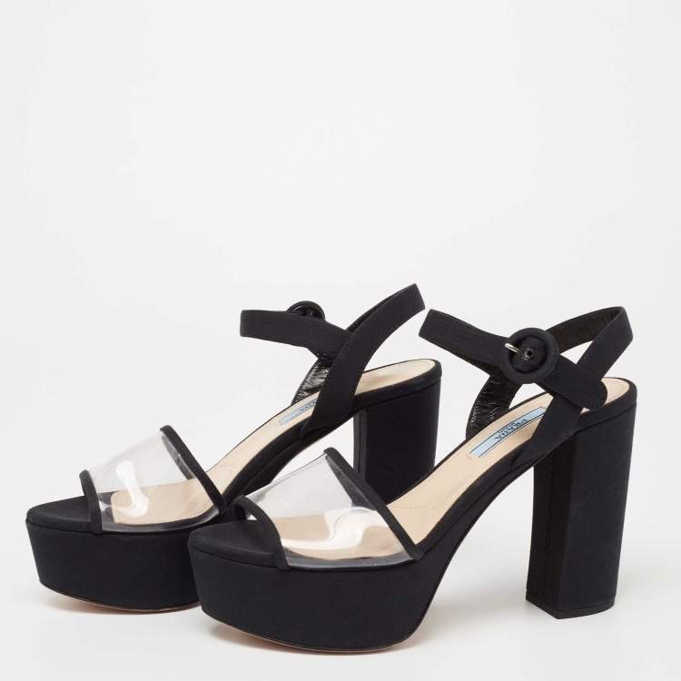 Pre Owned Prada Black  PVC  And Canvas Open Toe Platform Ankle Strap Sandals Size 37