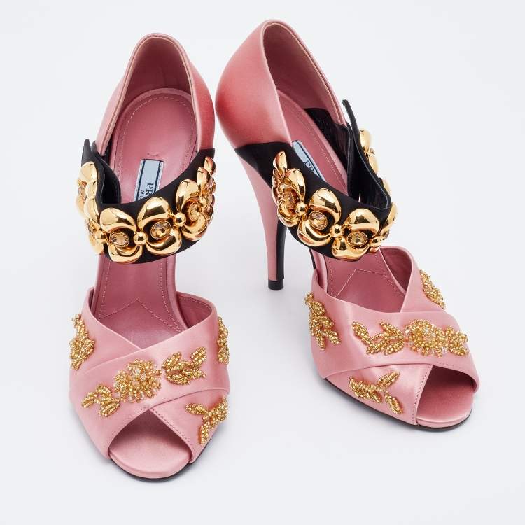 Pre Owned Prada Pink/Black Satin Crystal Embellished Peep Toe Sandals Size 38