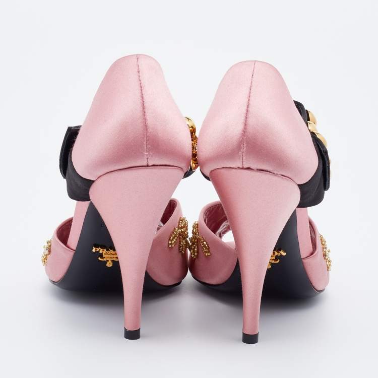 Pre Owned Prada Pink/Black Satin Crystal Embellished Peep Toe Sandals Size 38