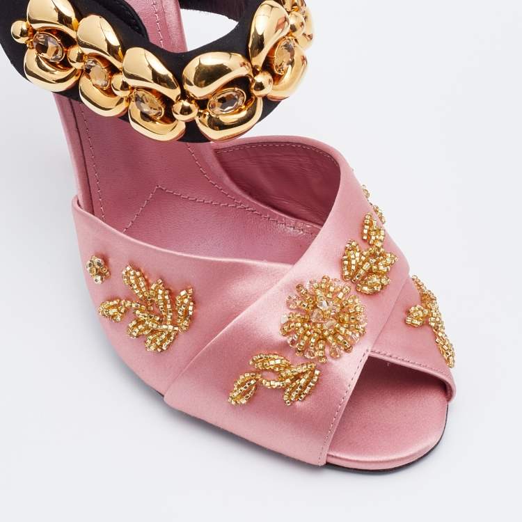 Pre Owned Prada Pink/Black Satin Crystal Embellished Peep Toe Sandals Size 38