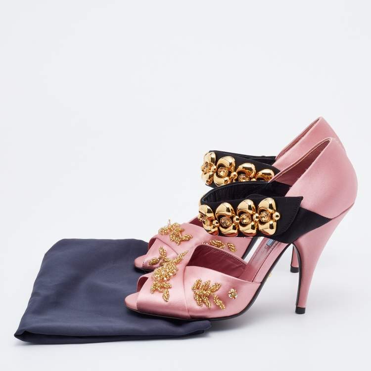 Pre Owned Prada Pink/Black Satin Crystal Embellished Peep Toe Sandals Size 38