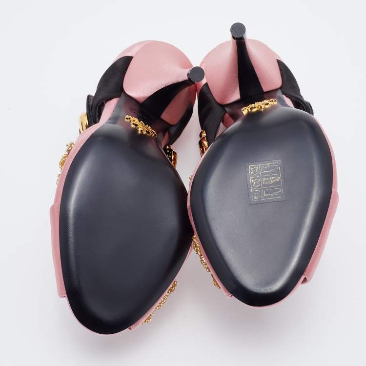 Pre Owned Prada Pink/Black Satin Crystal Embellished Peep Toe Sandals Size 38
