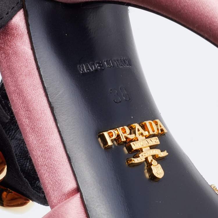Pre Owned Prada Pink/Black Satin Crystal Embellished Peep Toe Sandals Size 38