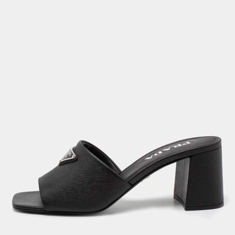 Prada Black Saffiano Leather Triangle Logo Plaque Block Heel Slide