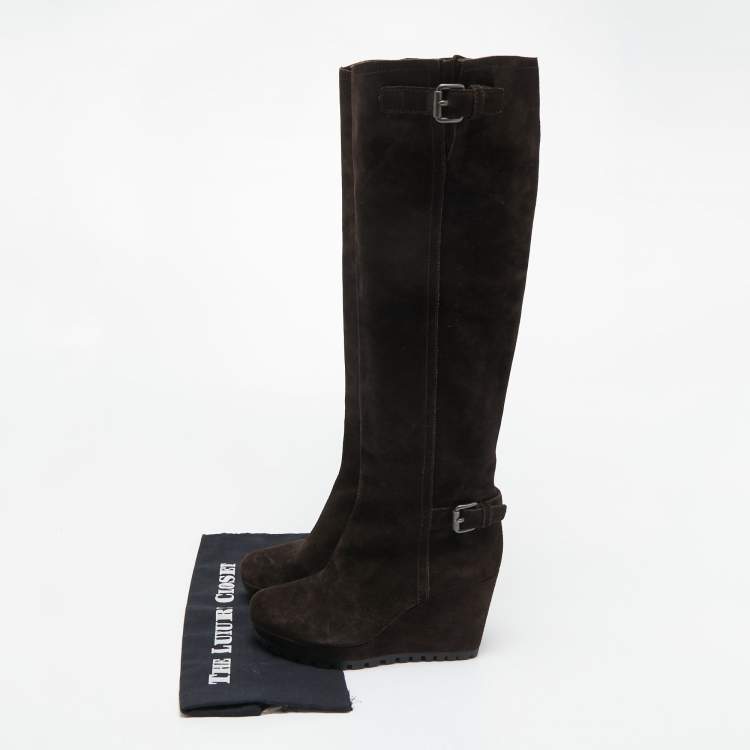 Pre Owned Prada Brown Suede Buckle Knee Length Boots Size 38