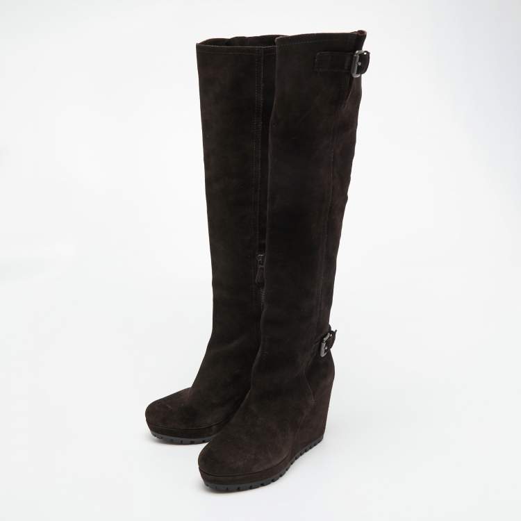 Pre Owned Prada Brown Suede Buckle Knee Length Boots Size 38