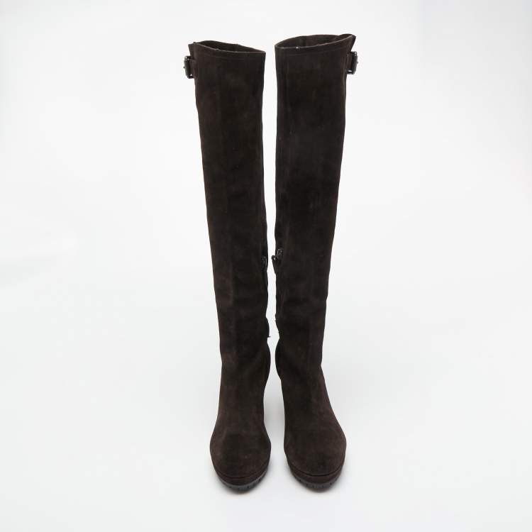 Pre Owned Prada Brown Suede Buckle Knee Length Boots Size 38