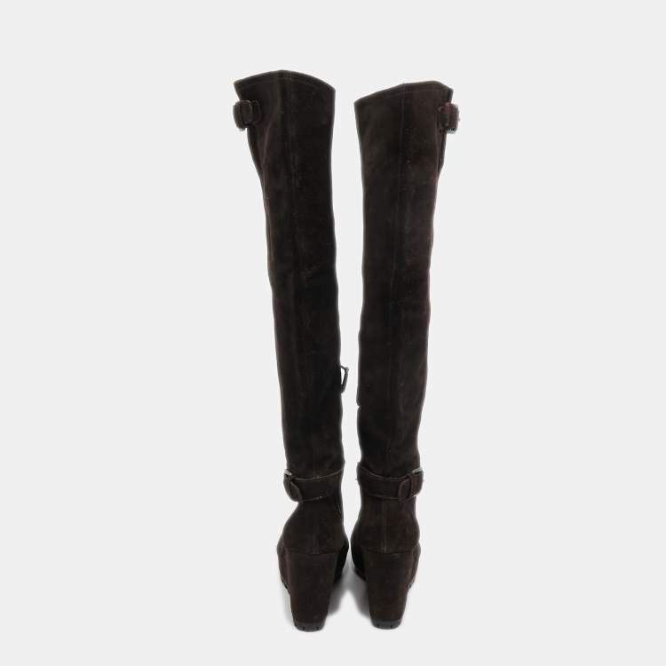Pre Owned Prada Brown Suede Buckle Knee Length Boots Size 38
