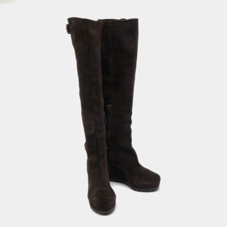 Pre Owned Prada Brown Suede Buckle Knee Length Boots Size 38