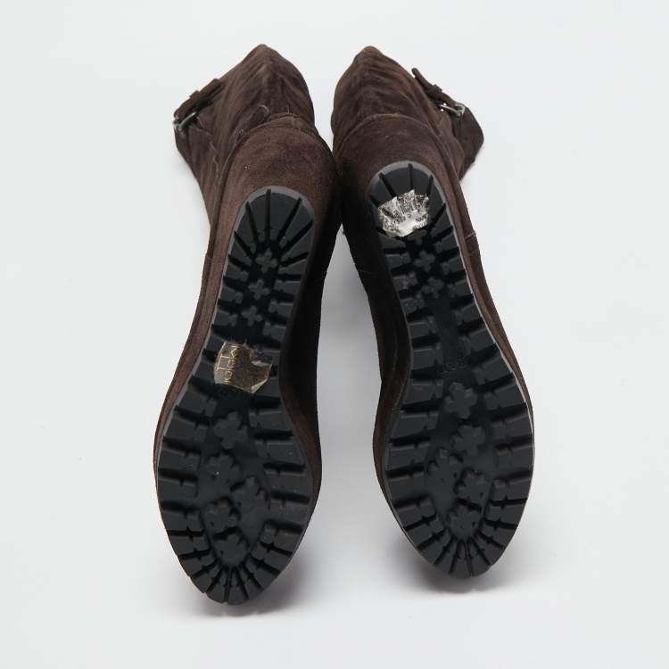 Pre Owned Prada Brown Suede Buckle Knee Length Boots Size 38