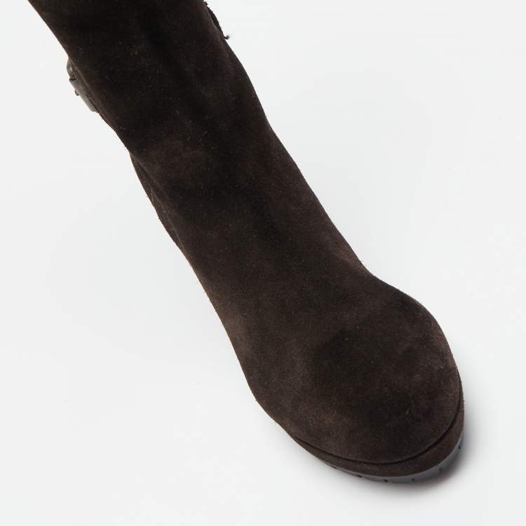 Pre Owned Prada Brown Suede Buckle Knee Length Boots Size 38