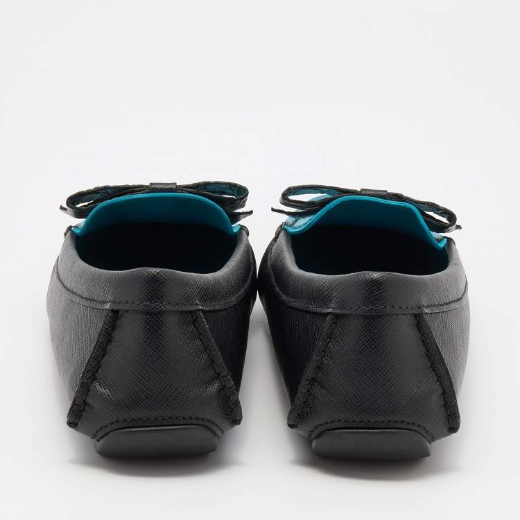 Pre Owned Prada Black/Blue Leather Bow Logo Embellished Loafers Size 38