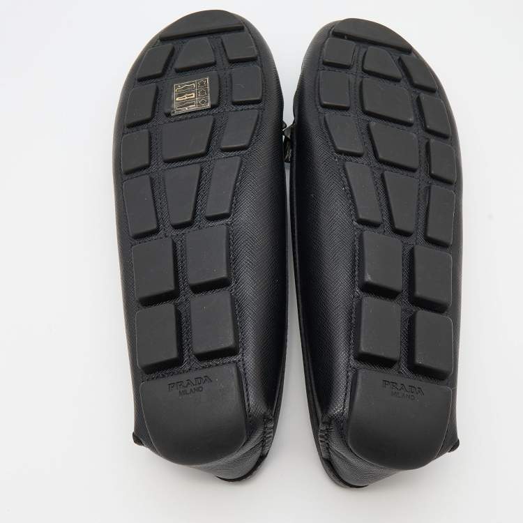 Pre Owned Prada Black/Blue Leather Bow Logo Embellished Loafers Size 38