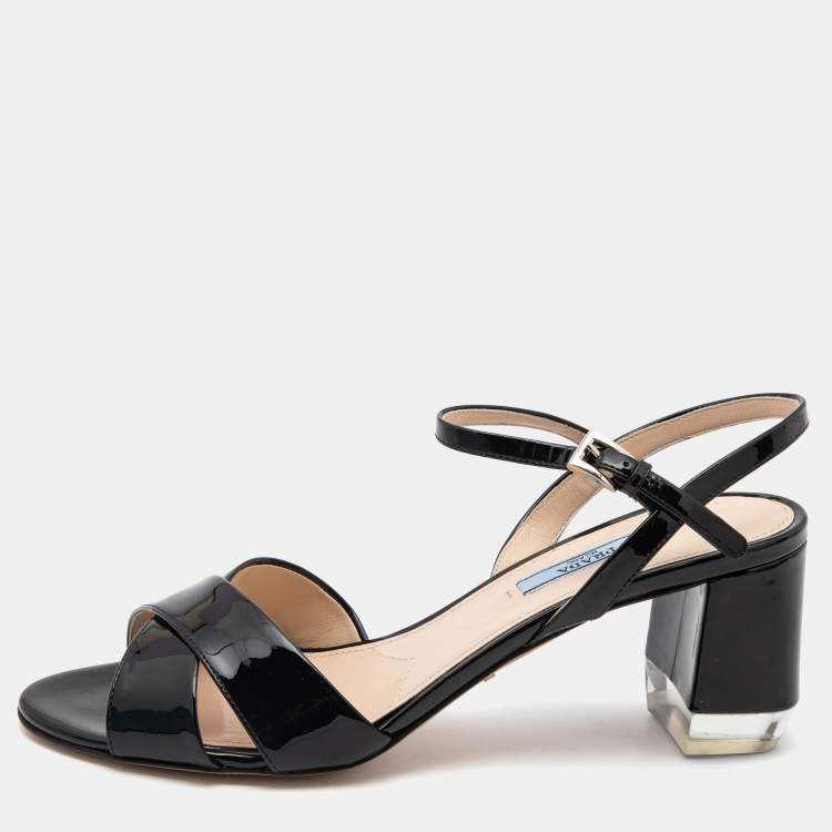 Pre Owned Prada Black Patent Leather Criss Cross Ankle Strap Block Heel Sandals Size 39.5 