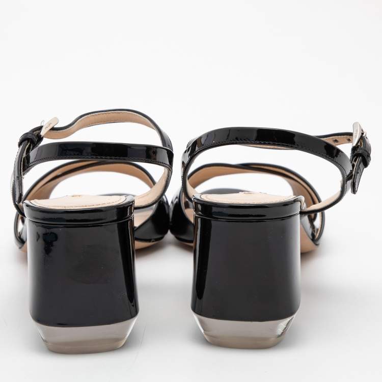 Pre Owned Prada Black Patent Leather Criss Cross Ankle Strap Block Heel Sandals Size 39.5 