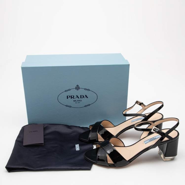 Pre Owned Prada Black Patent Leather Criss Cross Ankle Strap Block Heel Sandals Size 39.5 