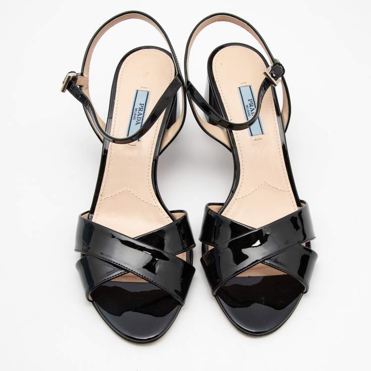 Pre Owned Prada Black Patent Leather Criss Cross Ankle Strap Block Heel Sandals Size 39.5 