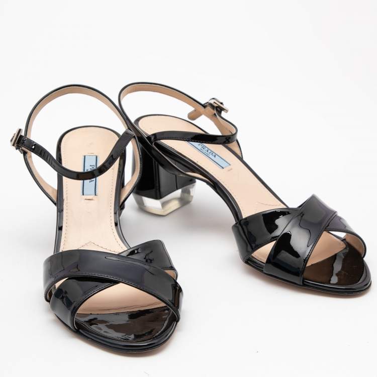 Pre Owned Prada Black Patent Leather Criss Cross Ankle Strap Block Heel Sandals Size 39.5 