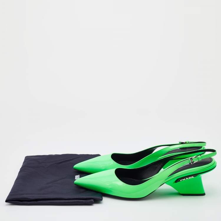 Pre Owned Prada Neon Green Patent Leather Pointed Toe Slingback Pumps Size 39