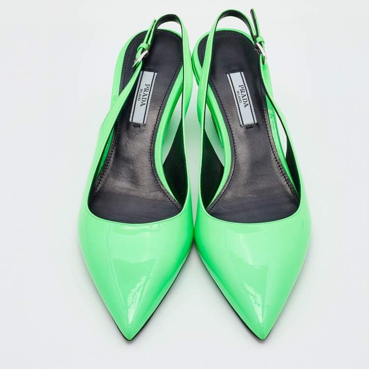 Pre Owned Prada Neon Green Patent Leather Pointed Toe Slingback Pumps Size 39