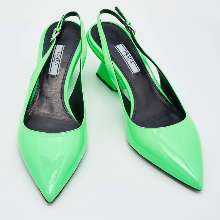 Pre Owned Prada Neon Green Patent Leather Pointed Toe Slingback Pumps Size 39