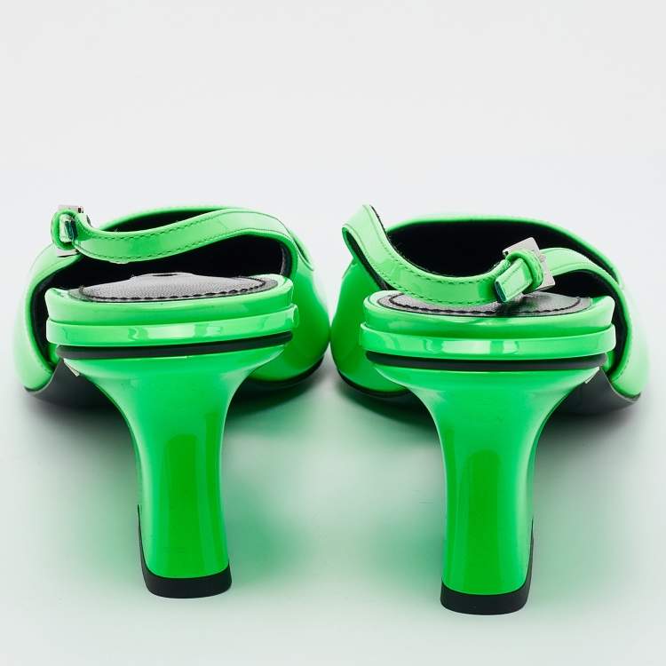 Pre Owned Prada Neon Green Patent Leather Pointed Toe Slingback Pumps Size 39