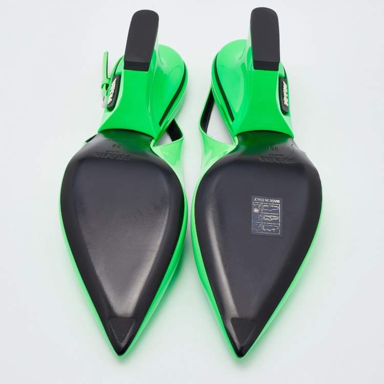 Pre Owned Prada Neon Green Patent Leather Pointed Toe Slingback Pumps Size 39