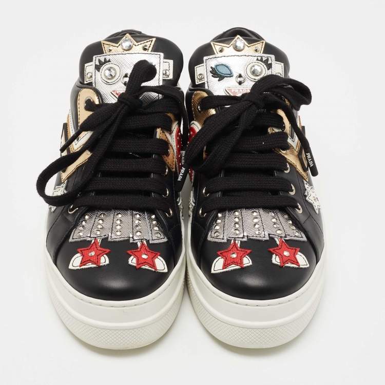 مملوكة مسبقًا Prada Black Leather Embellished Slip On Sneakers Size 36