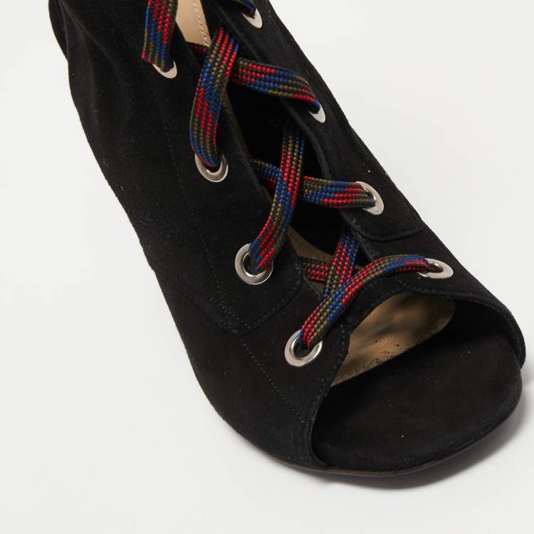 Pre Owned Prada Black Suede Open Toe Lace Up Cut Out Wedge Booties Size 40