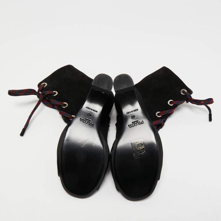 Pre Owned Prada Black Suede Open Toe Lace Up Cut Out Wedge Booties Size 40
