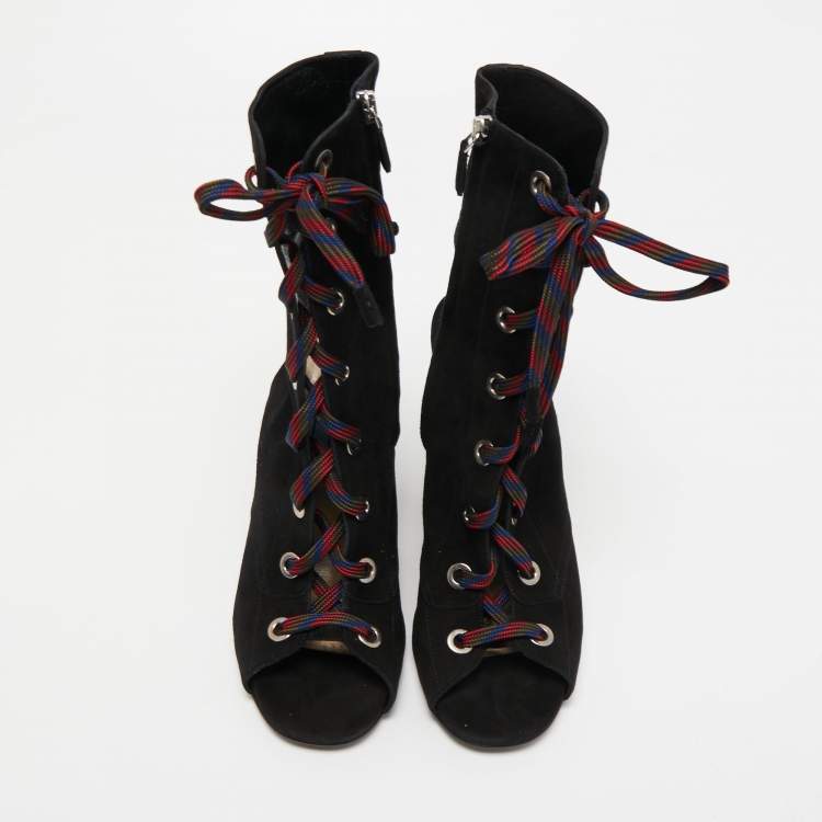 Pre Owned Prada Black Suede Open Toe Lace Up Cut Out Wedge Booties Size 40