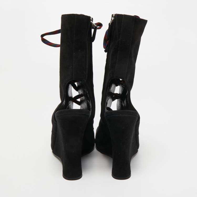 Pre Owned Prada Black Suede Open Toe Lace Up Cut Out Wedge Booties Size 40