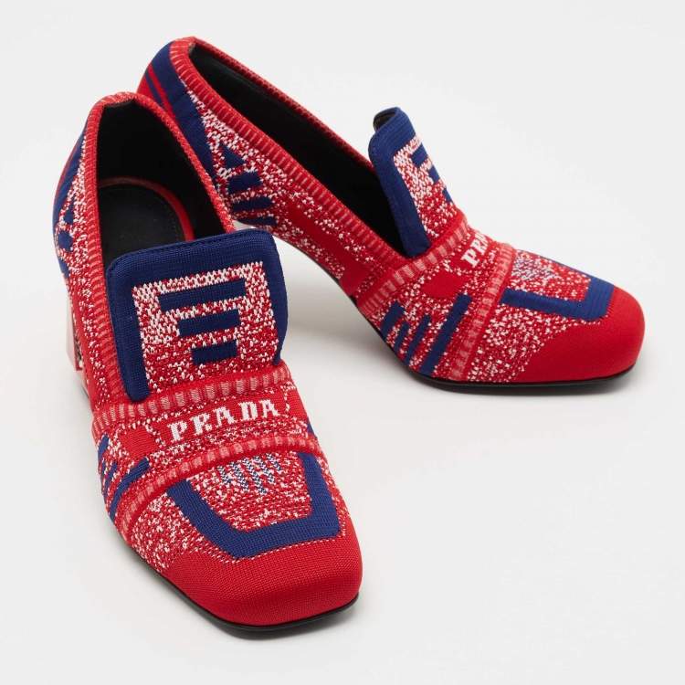 Pre Owned Prada Multicolor Knit Fabric Chunky Block Heel Loafer Pumps Size 35.5