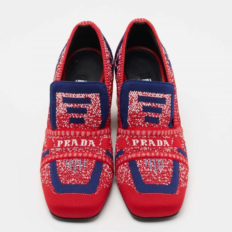 Pre Owned Prada Multicolor Knit Fabric Chunky Block Heel Loafer Pumps Size 35.5