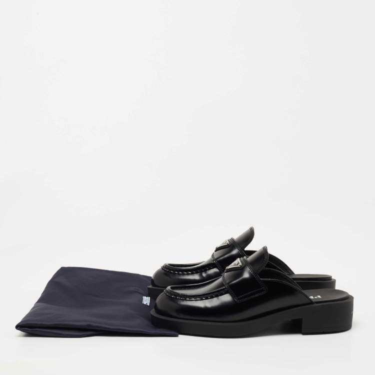 Pre Owned Prada Black Leather Logo Loafer Mules Size 36