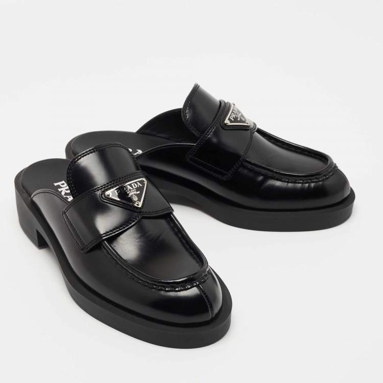 Pre Owned Prada Black Leather Logo Loafer Mules Size 36