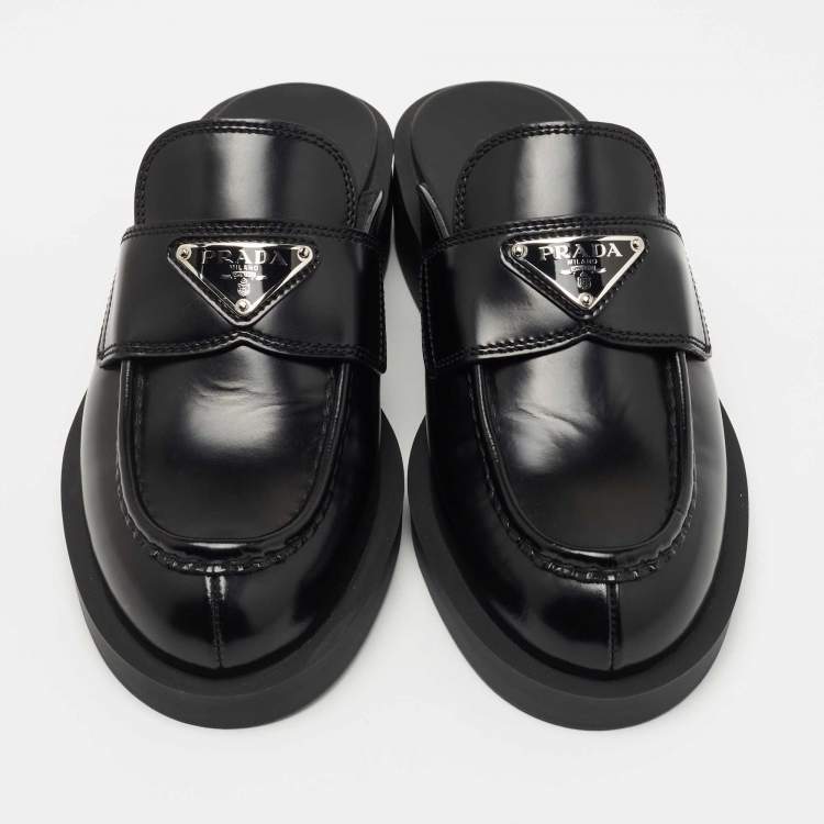 Pre Owned Prada Black Leather Logo Loafer Mules Size 36