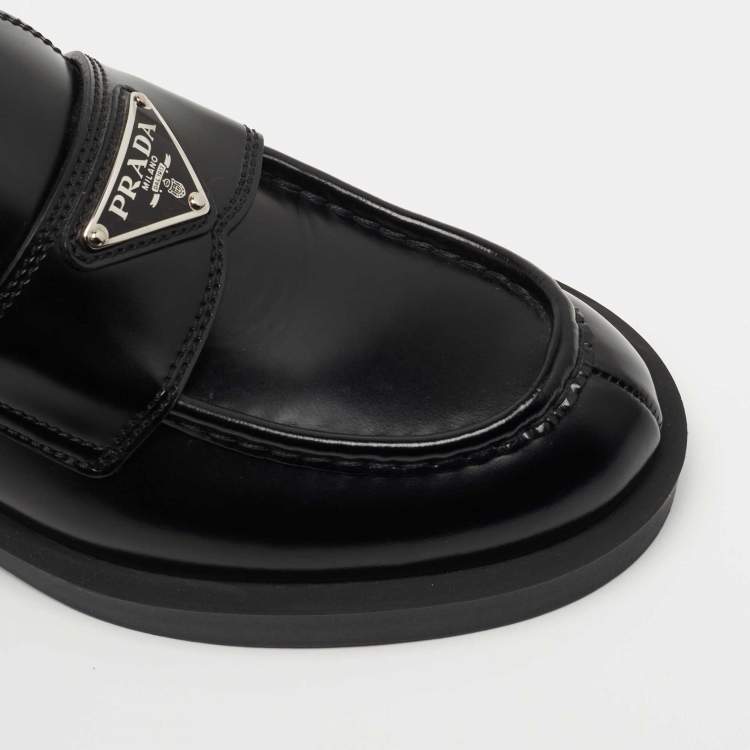 Pre Owned Prada Black Leather Logo Loafer Mules Size 36