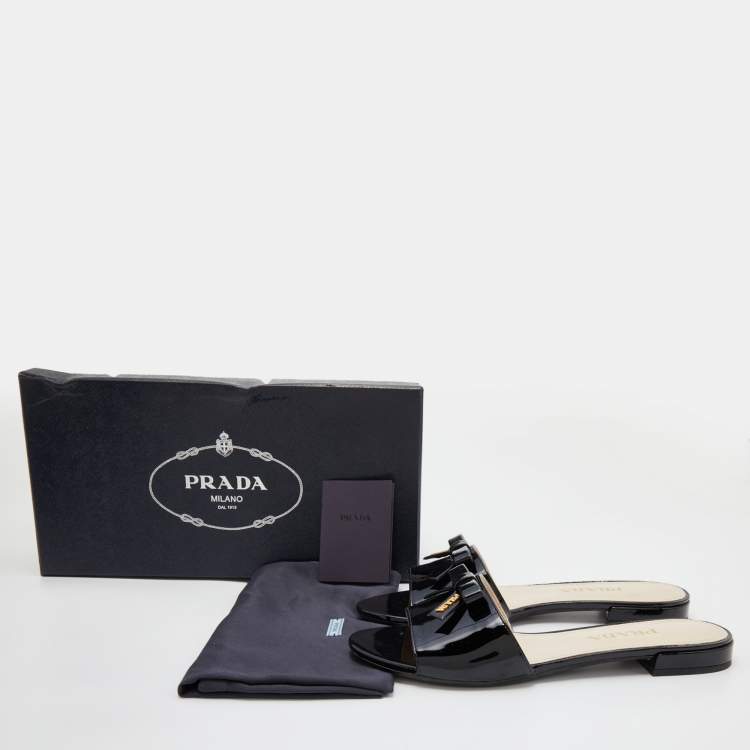 Pre Owned Prada Black Patent Leather Logo Bow Detail Flat Slides Size 36.5