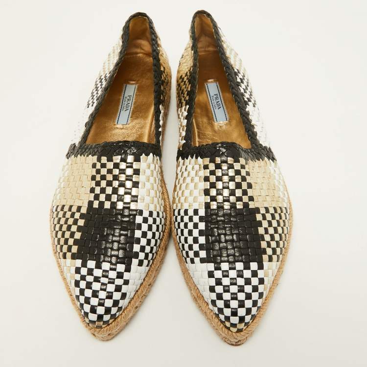 Pre Owned Prada Tricolor Woven Leather Espadrille Flats Size 37.5