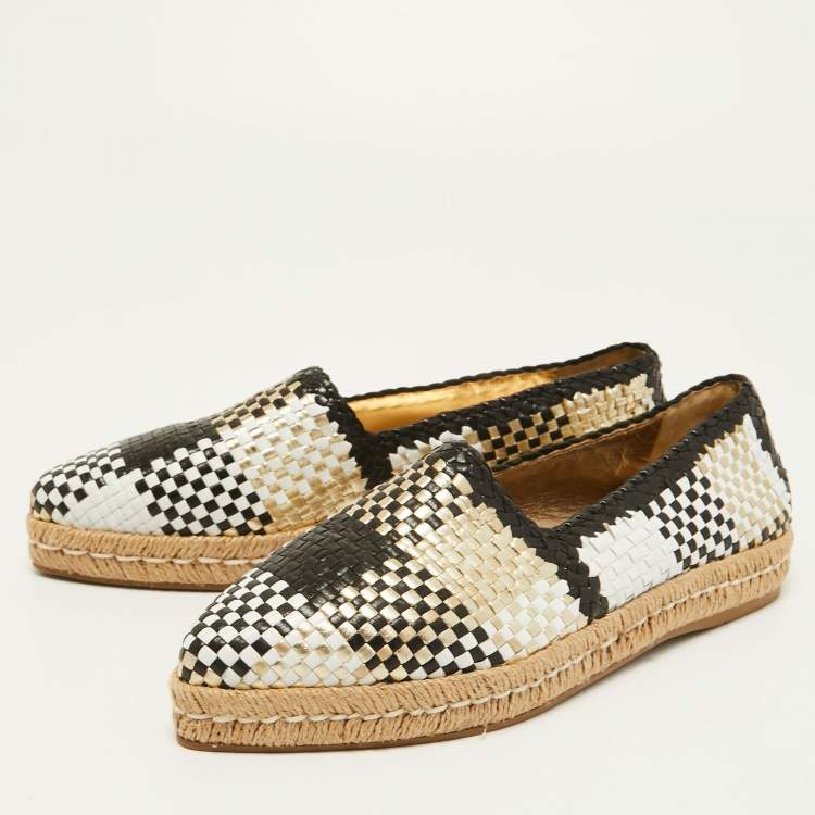 Pre Owned Prada Tricolor Woven Leather Espadrille Flats Size 37.5