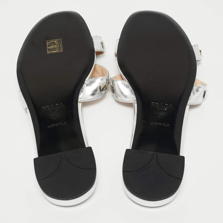 Pre Owned Prada Silver Leather Studded Flat Slides Size 41   