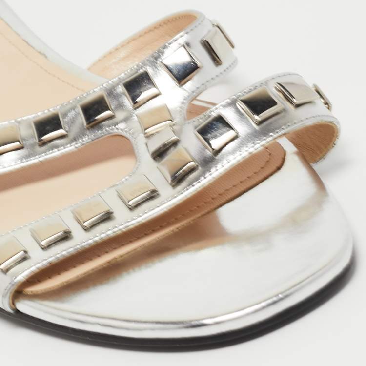 Pre Owned Prada Silver Leather Studded Flat Slides Size 41   